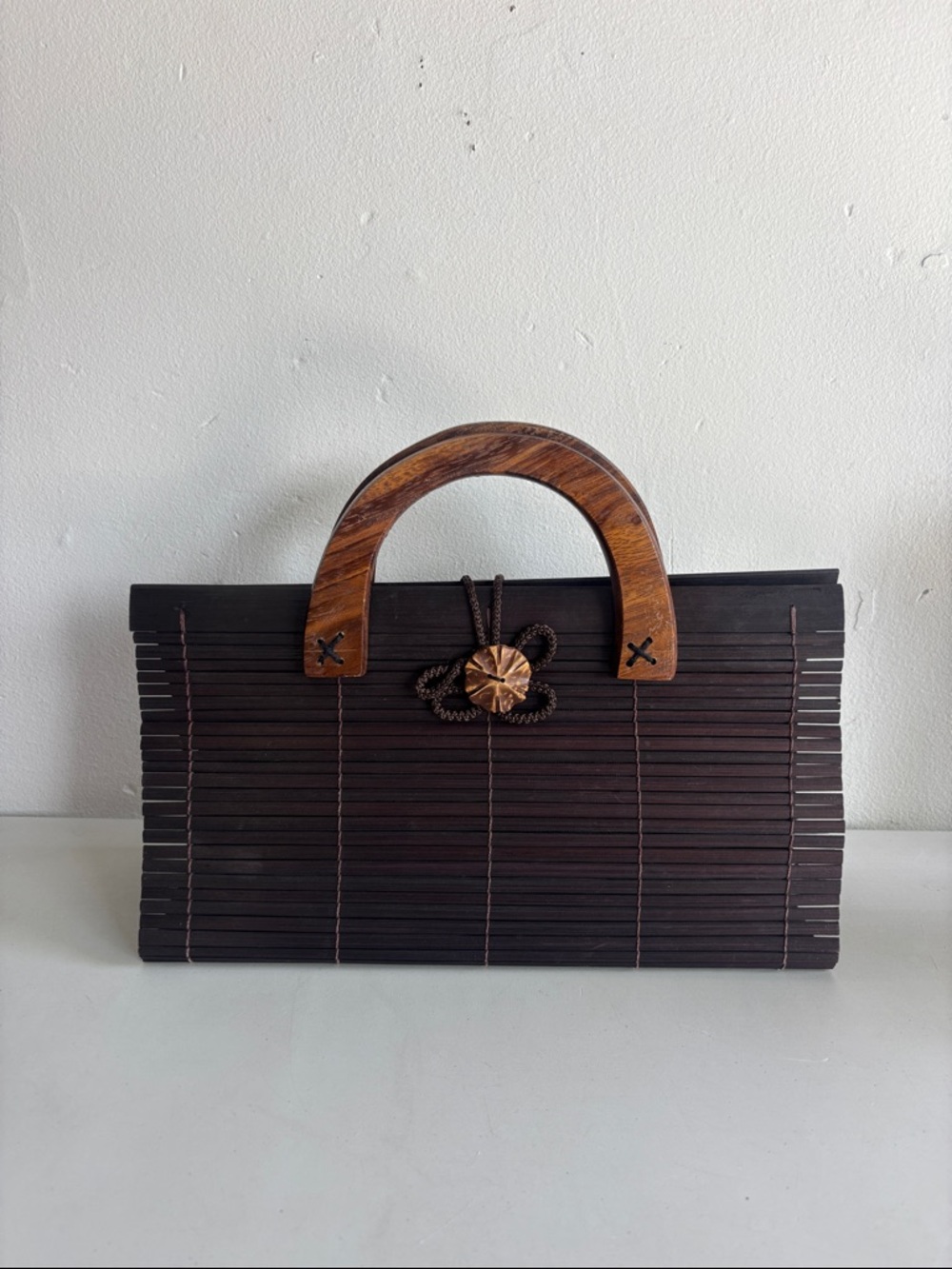 Vintage Dark Brown Bamboo Clutch with Wooden Handle